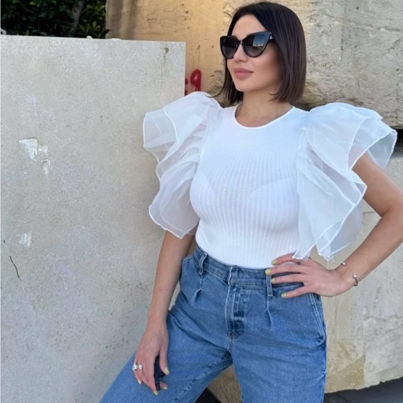 Zara tulle ruffled white ribbed bodysuit sleeveless top - Picture 3 of 11